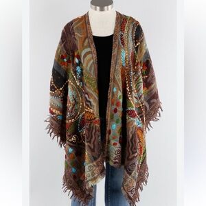 Anu Ariana Wool Brown Embroidered Poncho Cape Shawl One Size